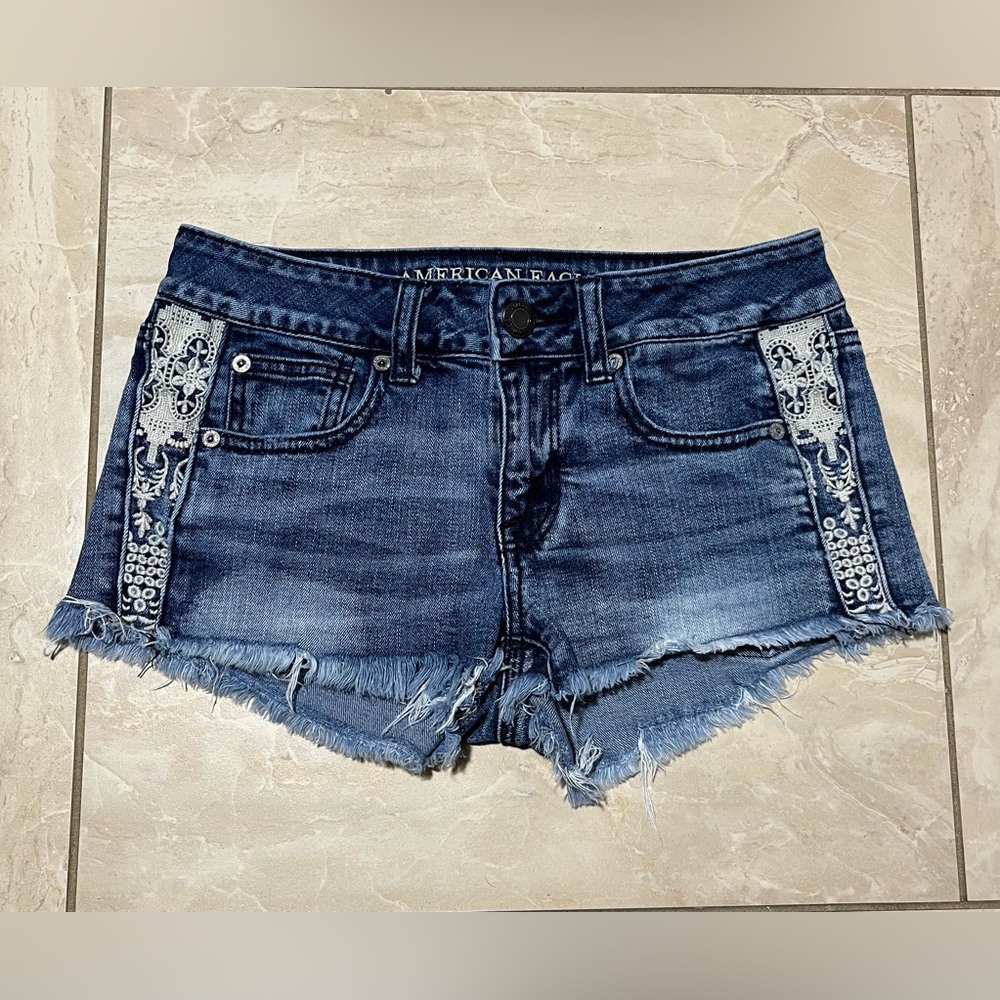 American Eagle Stretch Shortie Medium-wash Jean Shorts with Embroidery on sides